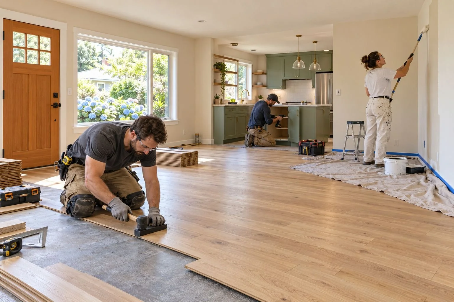Renovation team installing oak flooring, fitting kitchen cabinetry and painting walls inside a bright bungalow.