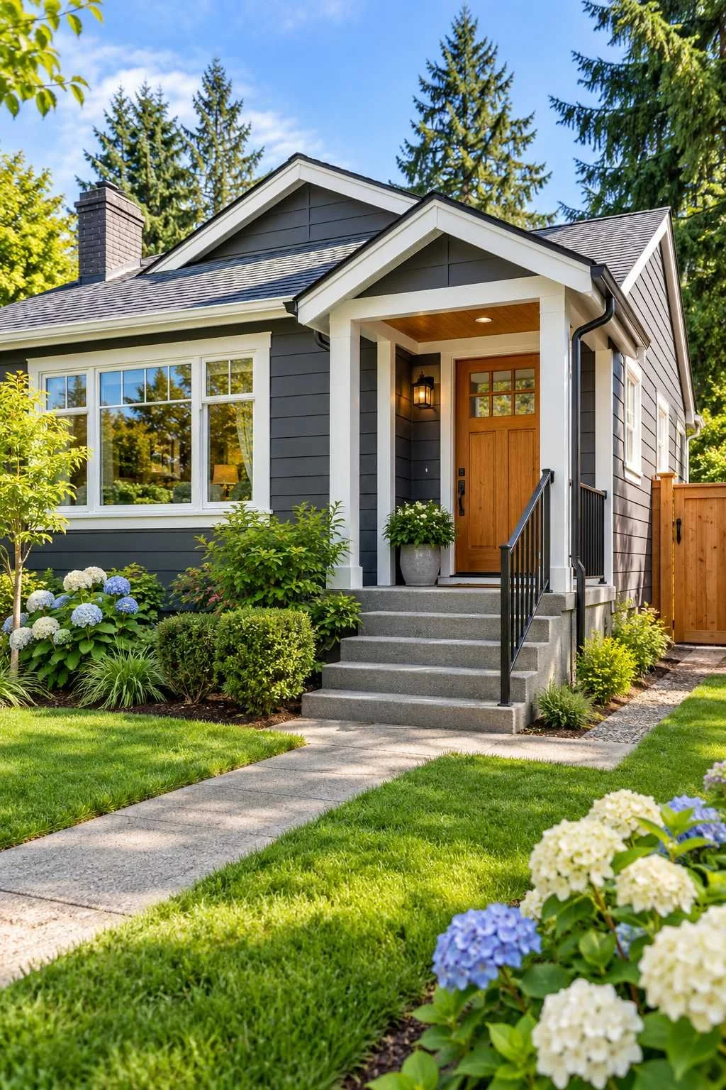 Refreshed bungalow exterior with charcoal siding, white trim, a wood entry door, updated steps and flowering landscaping.