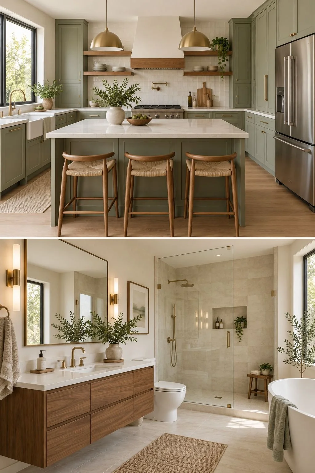 Renovated sage kitchen and modern bathroom featuring quartz countertops, walnut vanity, brass fixtures and tile shower.