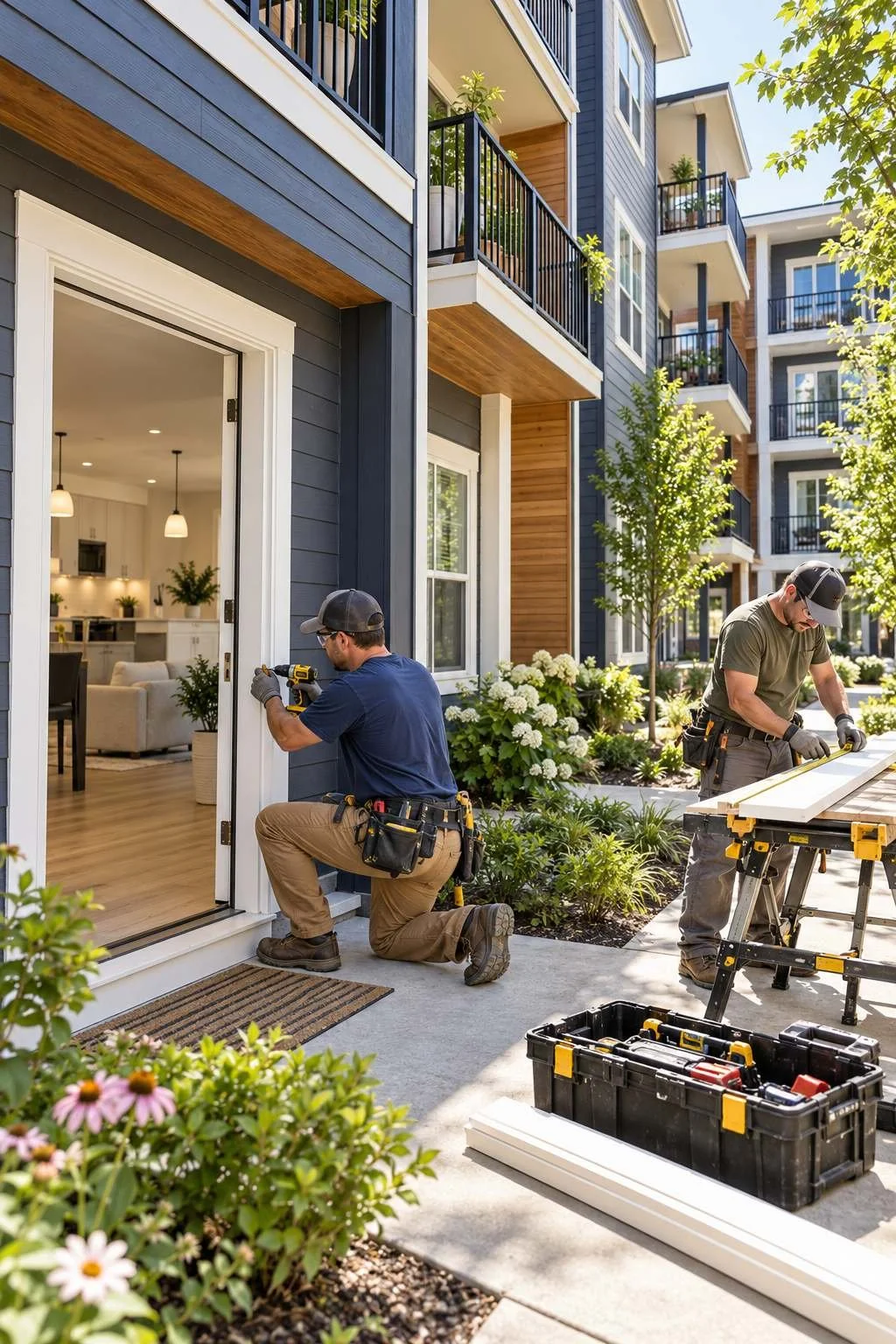 Workers installing entryway trim at an apartment complex, with renovated interiors and balconies visible behind them.