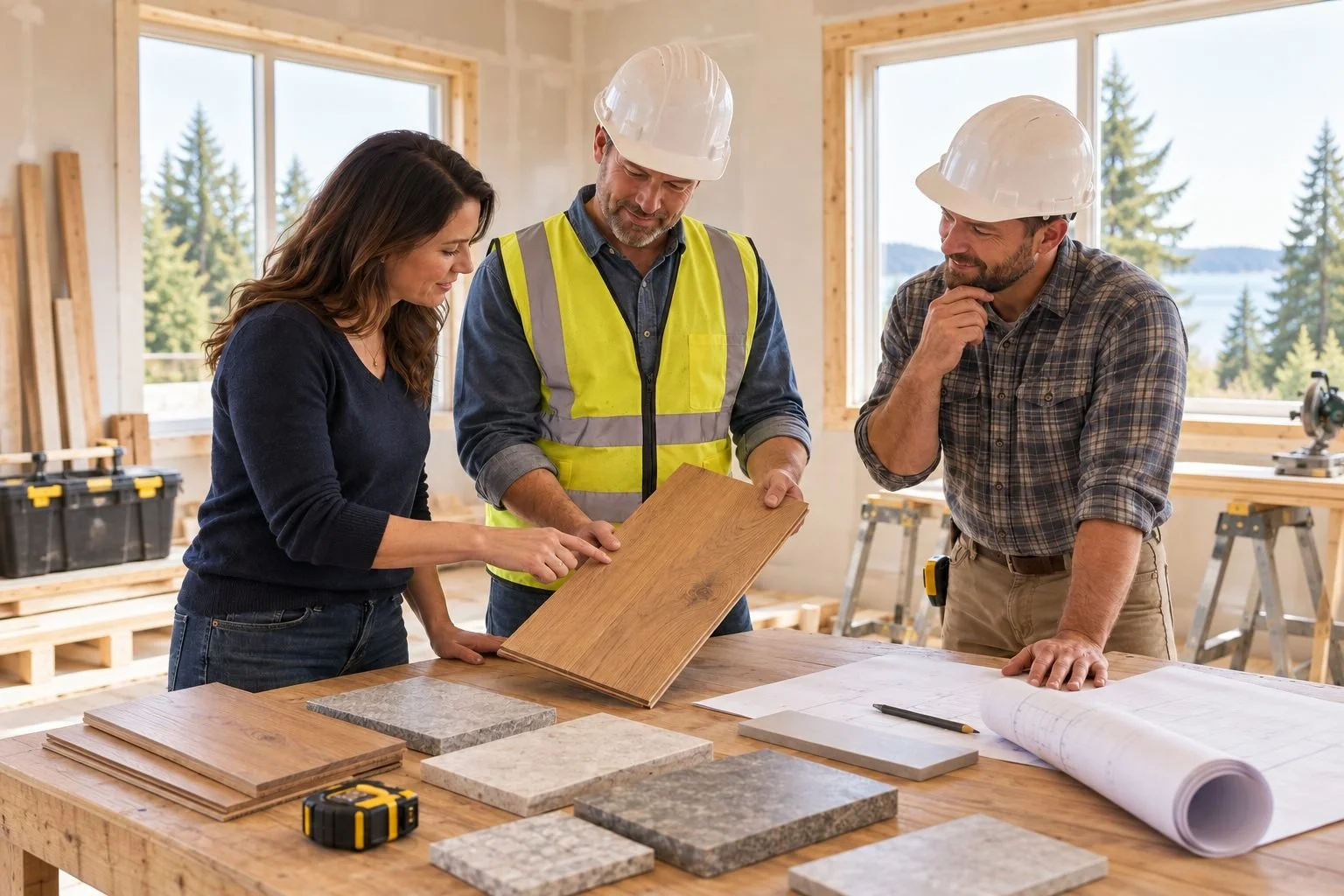 Home renovation consultation showing a homeowner and contractors reviewing wood flooring and tile samples.