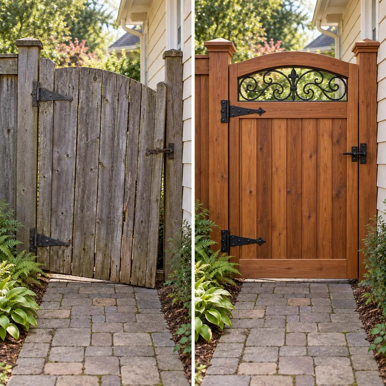 Before and after gate replacement featuring an arched cedar gate with decorative black iron scrollwork and matching hinges.