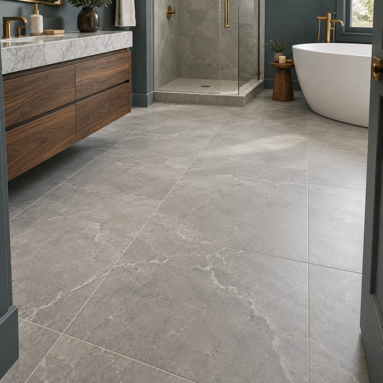 Bathroom flooring concept with large gray porcelain tiles, a floating walnut vanity, glass shower and freestanding tub.