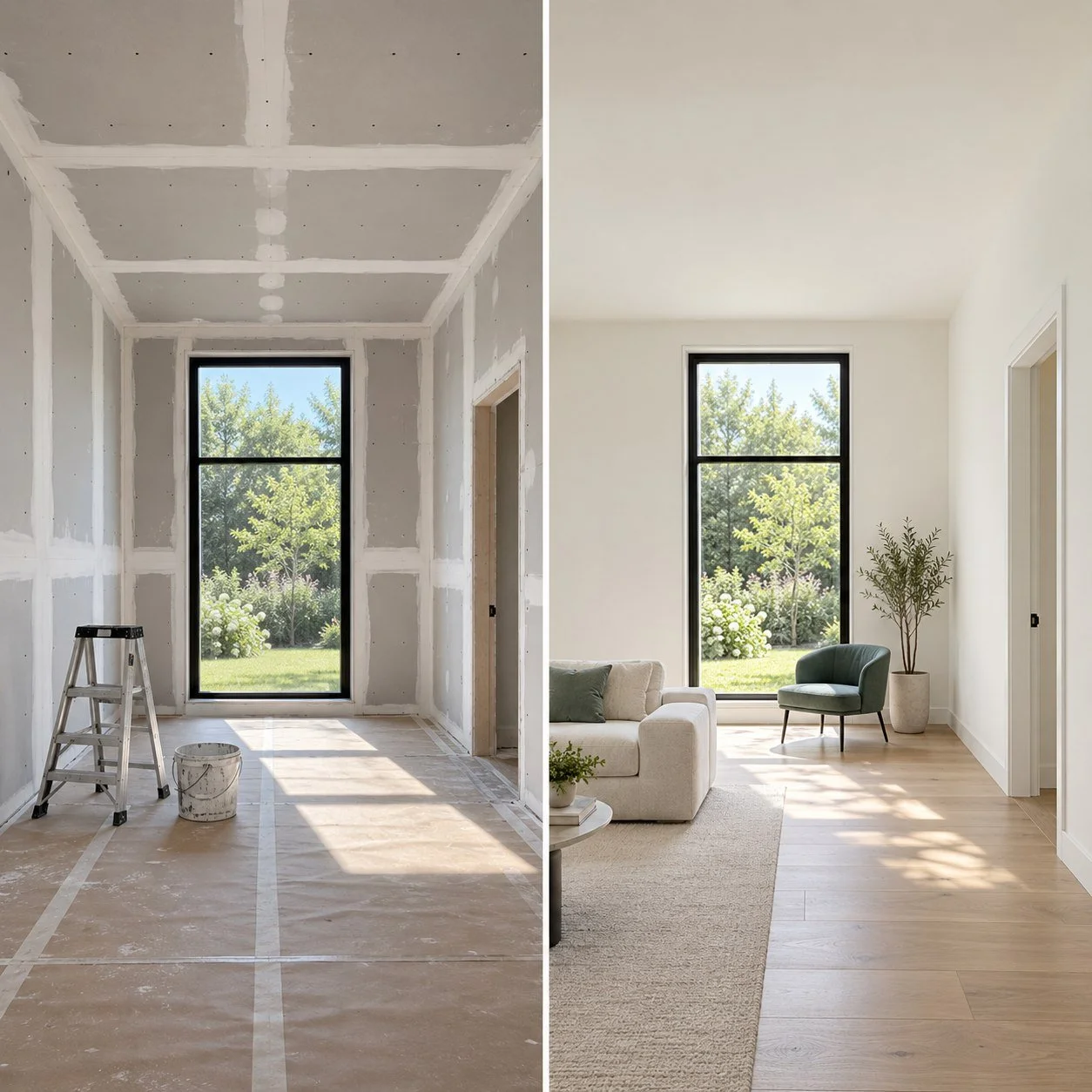Same room before and after drywall finishing, from exposed seams to smooth painted walls and ceiling with modern decor.