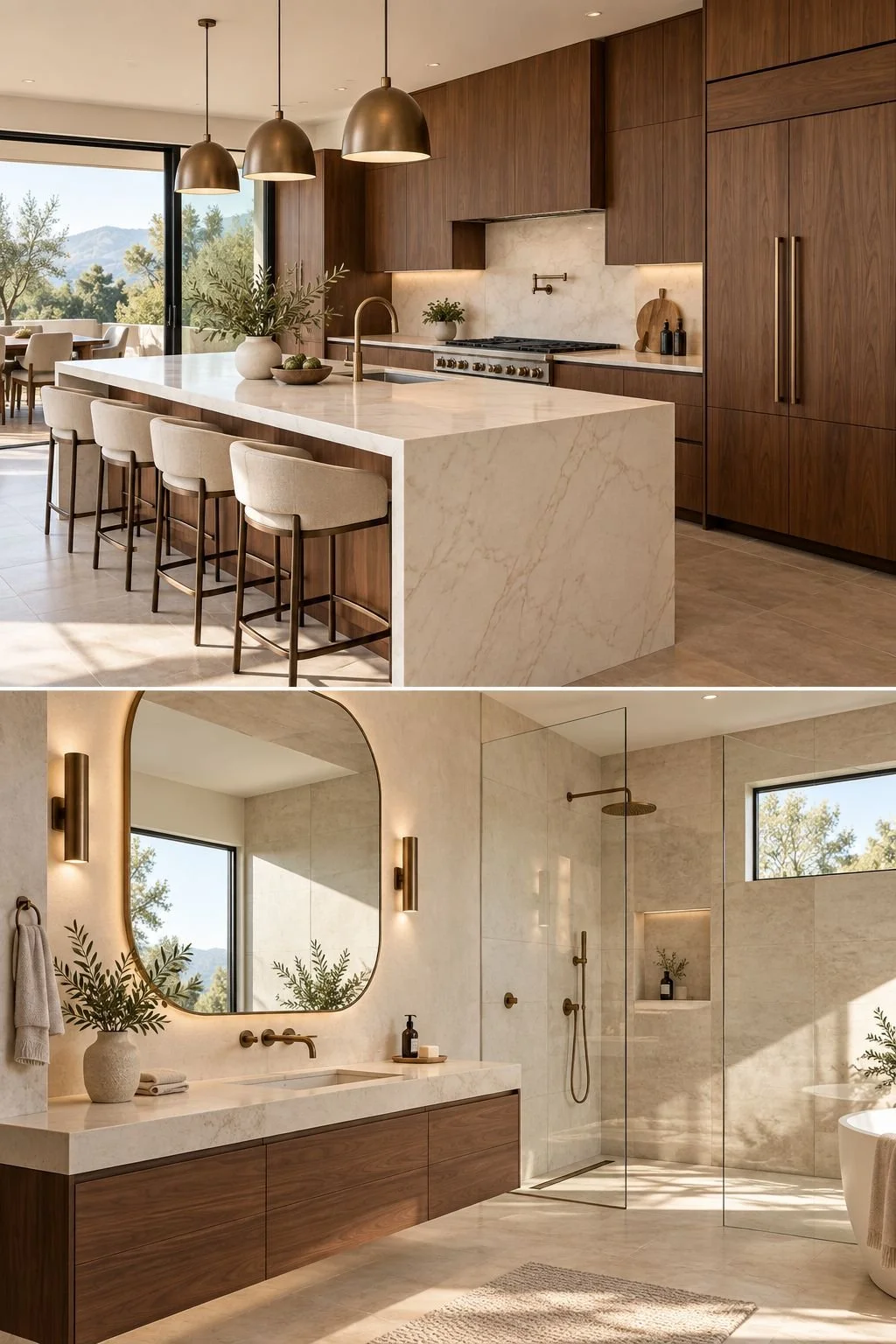 Modern kitchen and bathroom with matching walnut cabinetry, pale stone surfaces, bronze fixtures and sleek finishes.