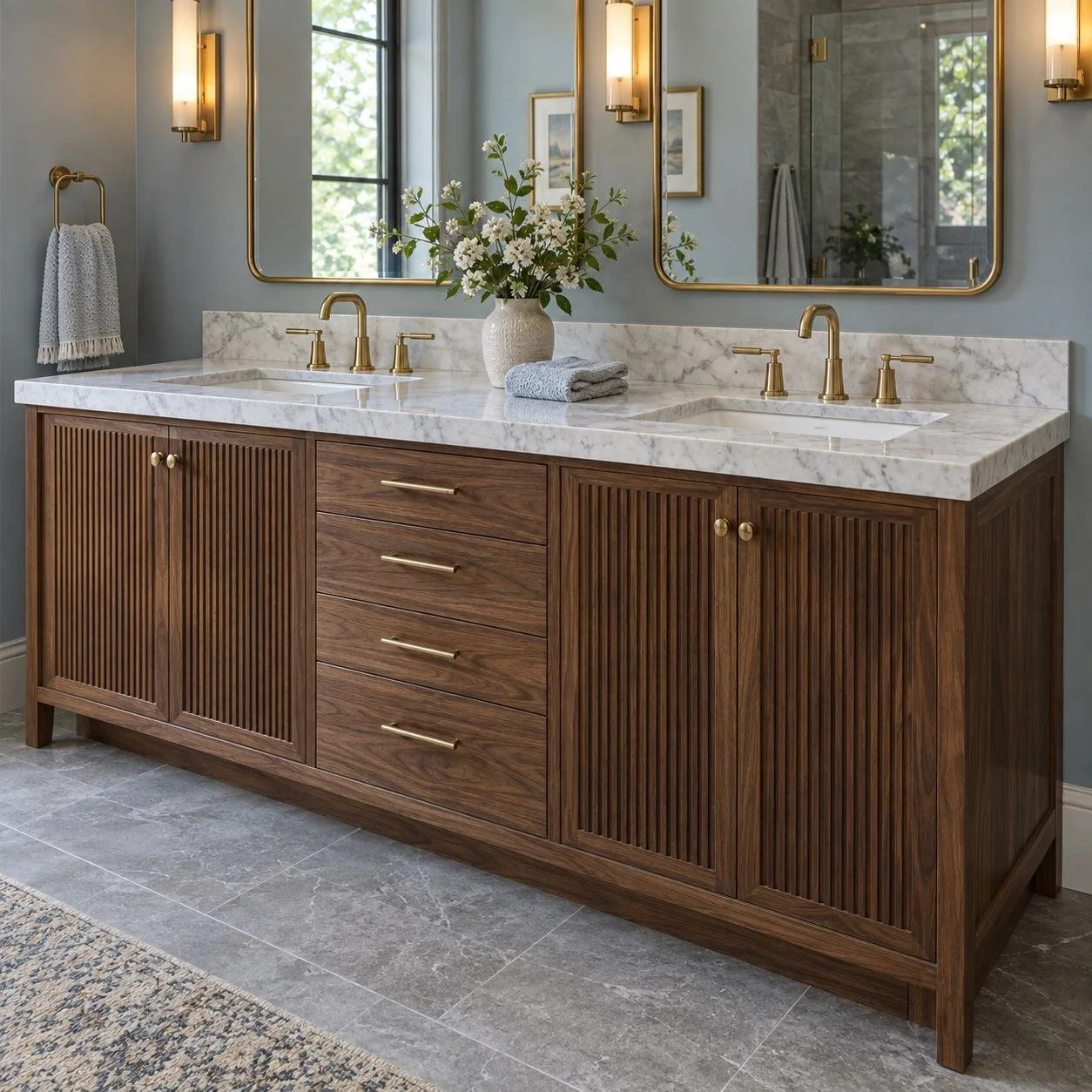 Bathroom vanity concept with fluted walnut cabinets, double sinks, a marble countertop and brushed brass fixtures.