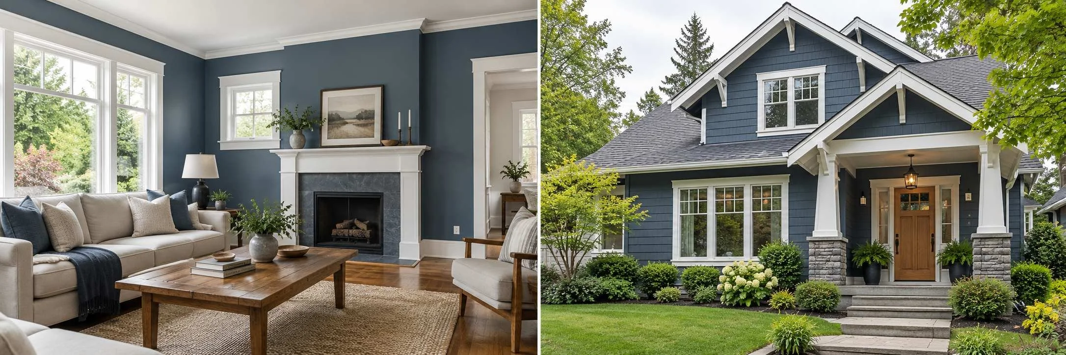 Interior and exterior painting concept showing slate-blue living room walls and blue-gray house siding with white trim.