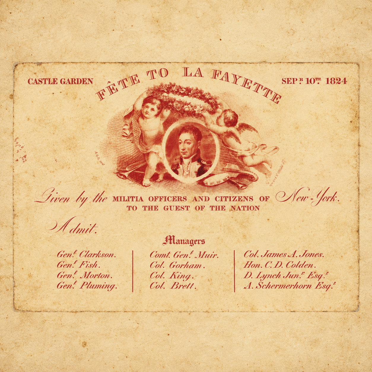 Vintage invitation or certificate with a central portrait of a man surrounded by cherubic children and decorative elements, with text referencing La Fayette and dated September 10, 1824, from Castle Garden in New York.