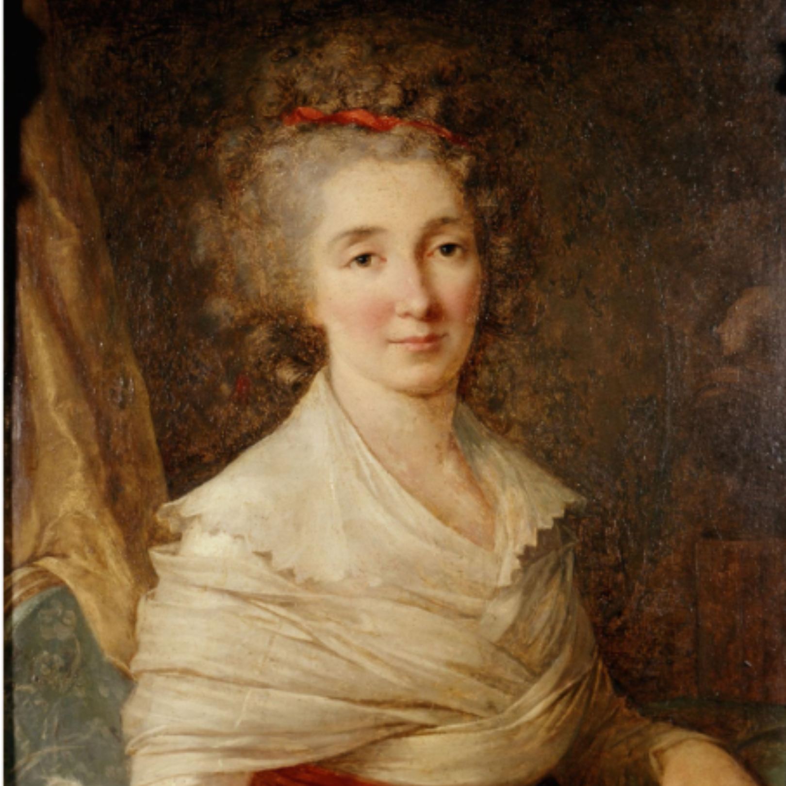 A portrait of a woman with curly brown hair, wearing a cream-colored dress and a red ribbon in her hair. The background is dark and textured.