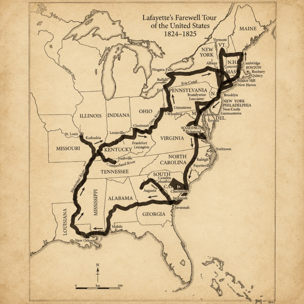 Historical map of Lafayette's Farewell Tour of the United States from 1824 to 1825, showing travel routes across northeastern states to southern states, with marked cities and states in black ink.