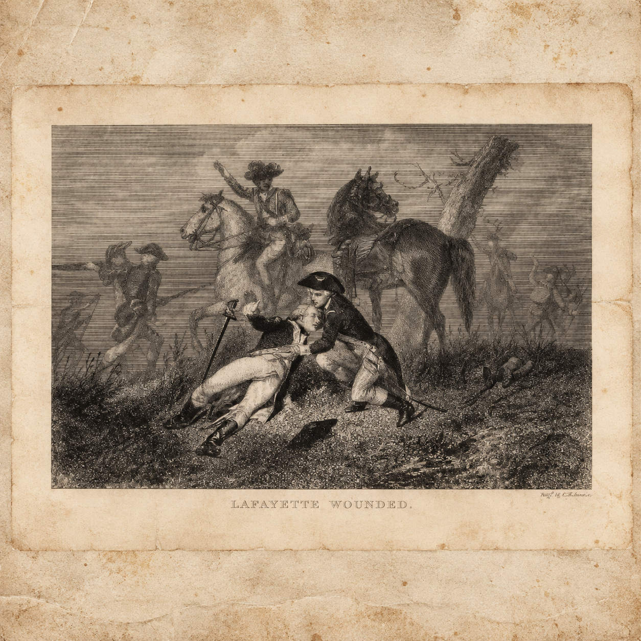  Lafayette wounded at Battle of Brandywine Creek by engraver Charles Henry Jeens (British 1827-1879)