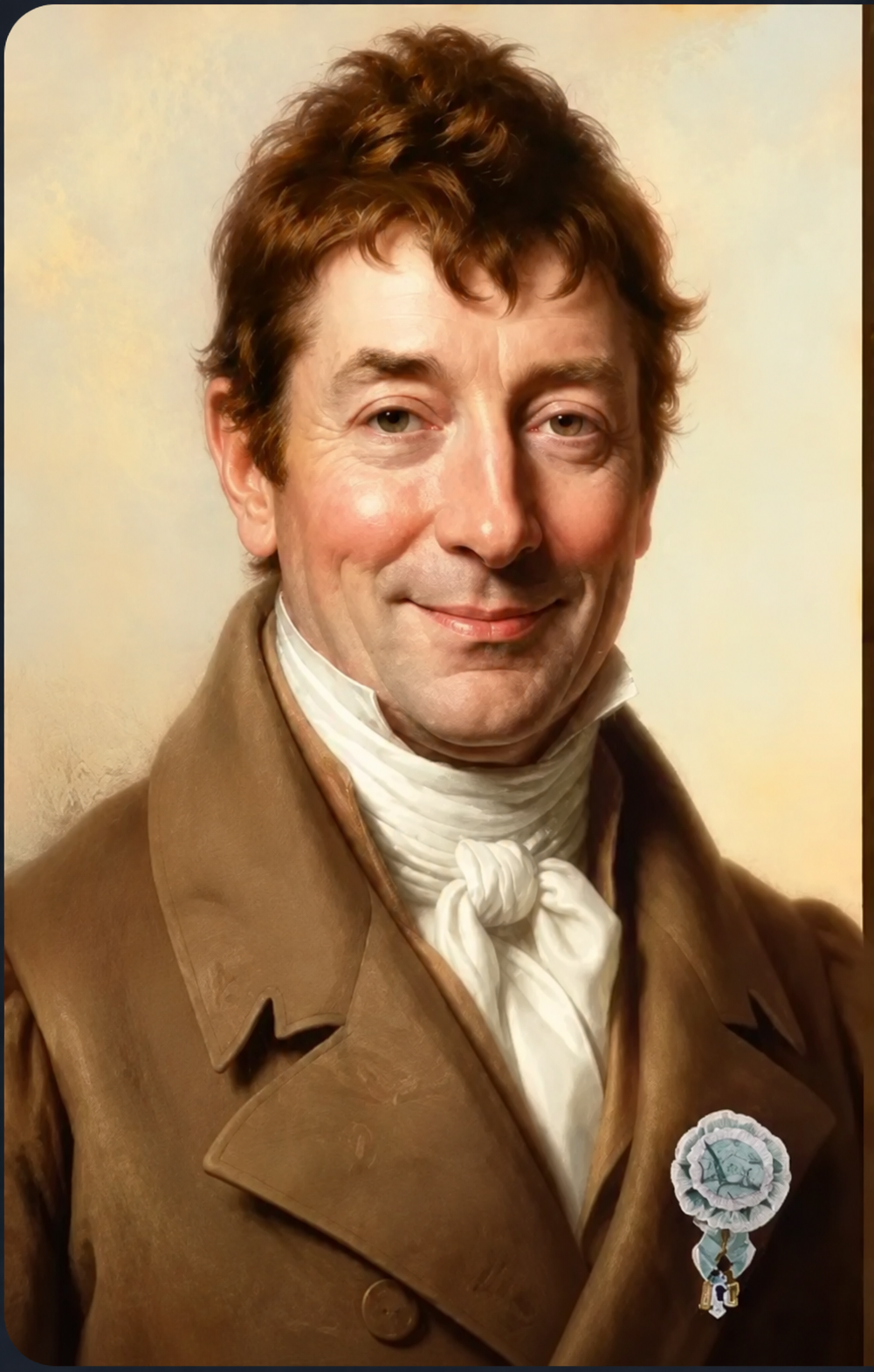 A man with curly brown hair dressed in historical attire, wearing a brown coat, white cravat, and a decorative badge.