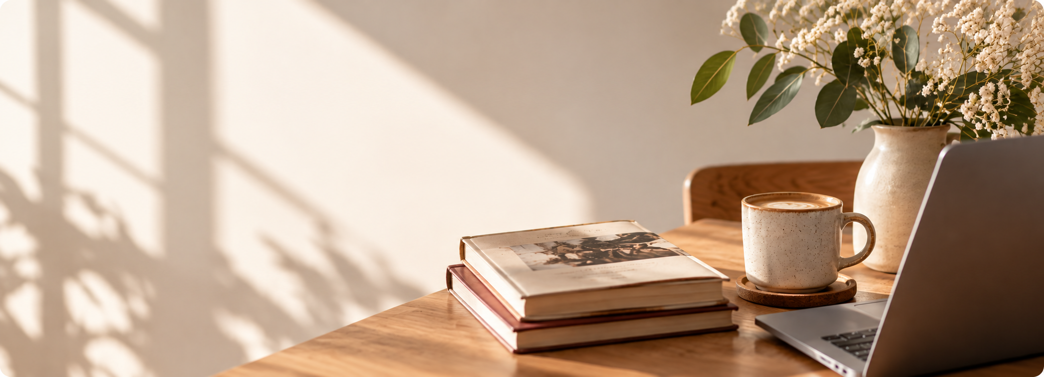 A wooden table with a stack of books, a coffee mug on a coaster, a laptop, and a potted plant with white flowers and green leaves, bathed in warm sunlight.