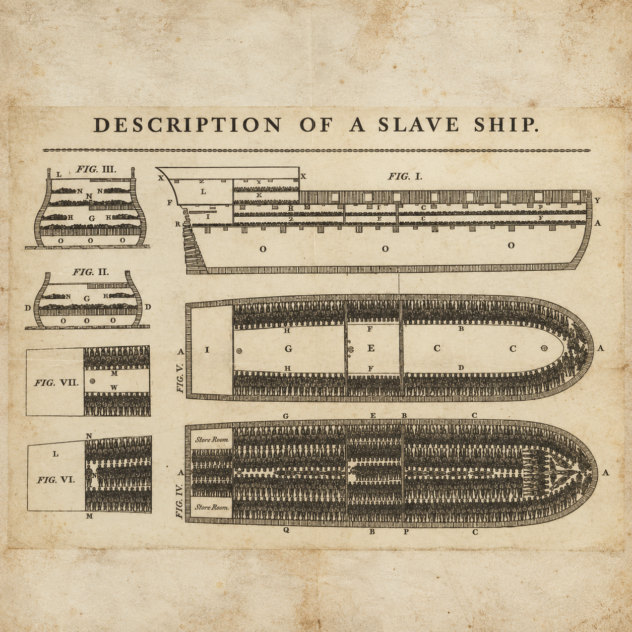 The Brookes Slave Ship Stowage Diagram, originally designed by William Elford. 1788
