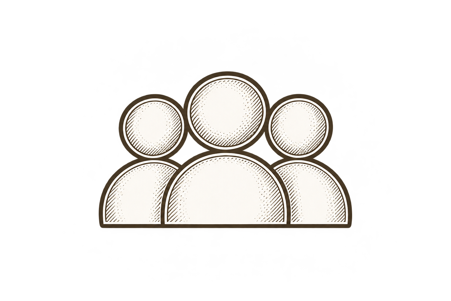 Illustration of a group of four people, depicted as stylized icons with circular heads and semi-circular bodies, arranged with two in the front and two behind, on a dark background.