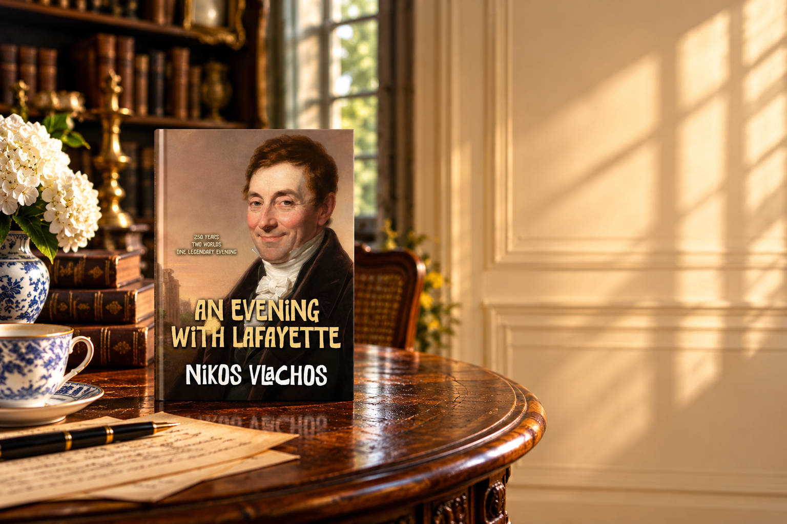 A book titled "An Evening with Lafayette" featuring a portrait of Nikos Vlachos on a wooden table in a well-lit room, with a vase of white flowers, a pen, and a stack of old books nearby.