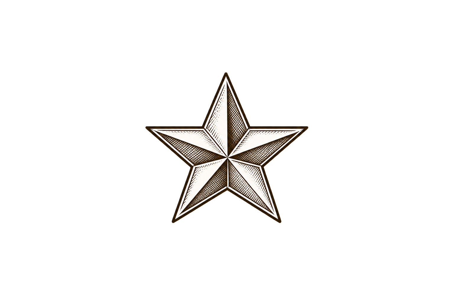 A silver five-pointed star with detailed line work, set against a black background and a brown horizontal stripe.
