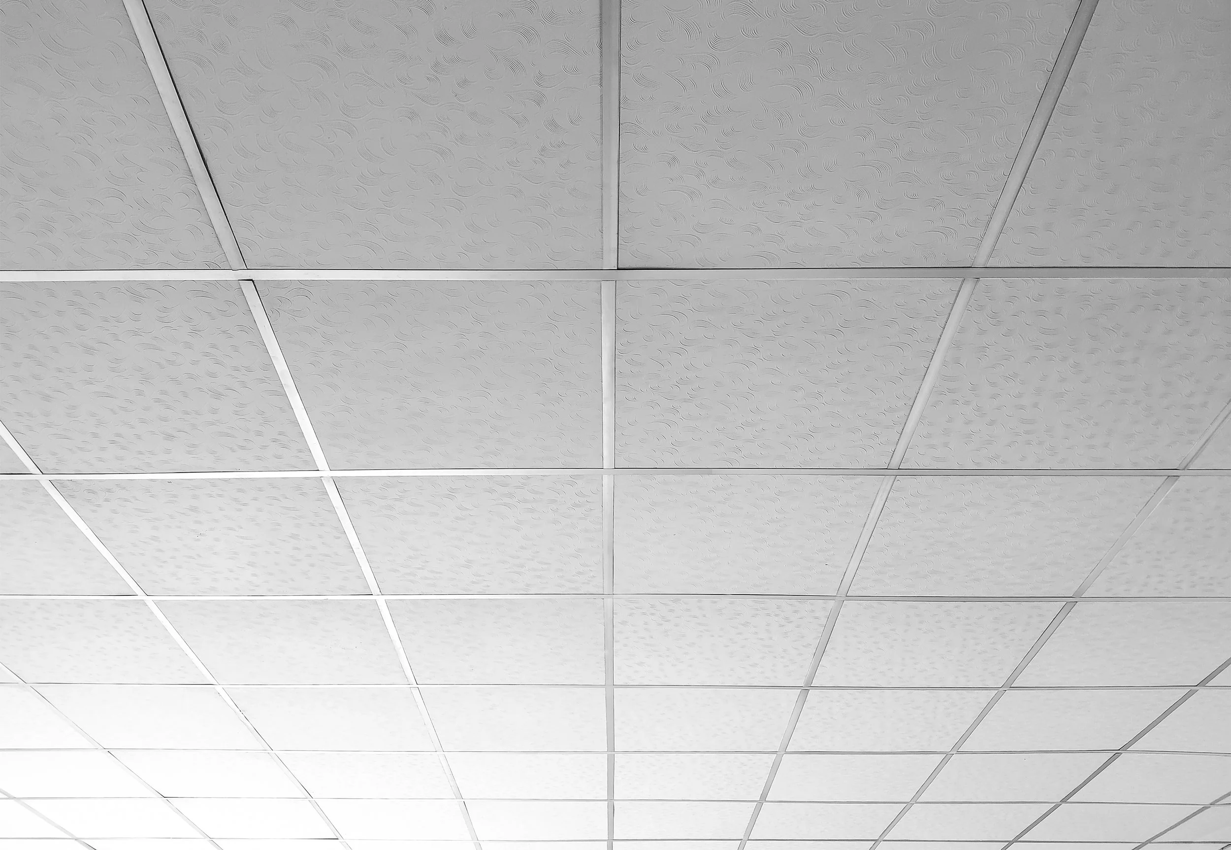 Ceiling tiles with a pattern, gridlines separating them.