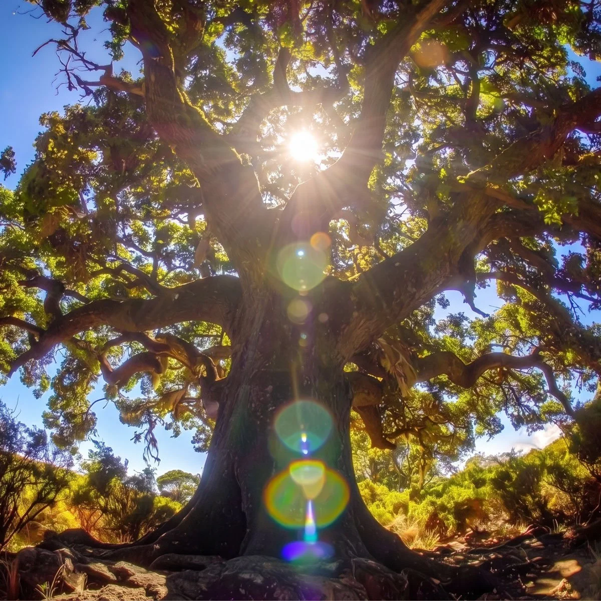 Massive spreading tree with a thick trunk and exposed roots, illuminated by sunlight filtering through its canopy.