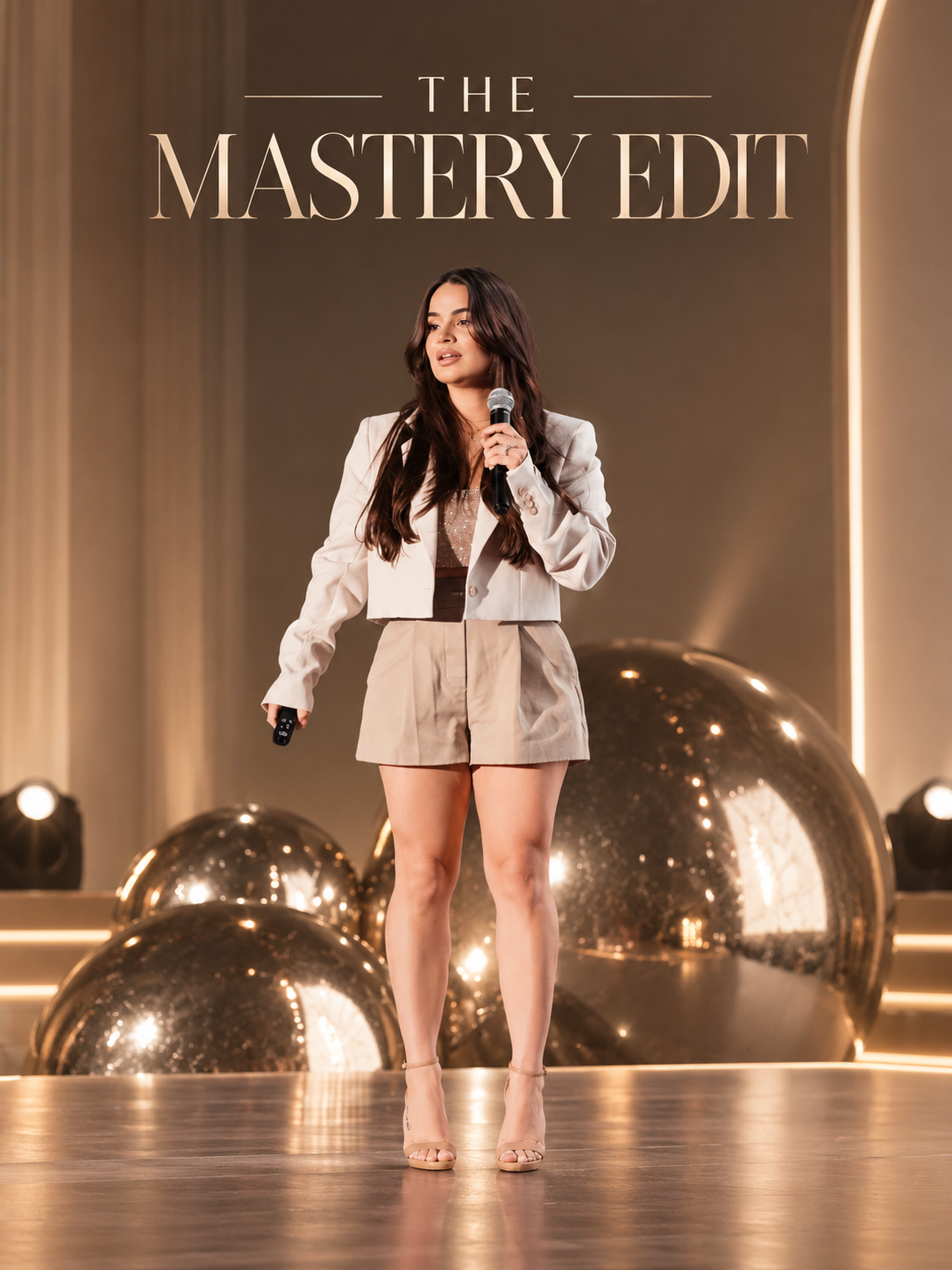 A woman on stage giving a presentation in front of a backdrop that reads 'The Mastery Edit.' She is holding a microphone, wearing a beige blazer and shorts, and standing in front of large reflective gold spheres.