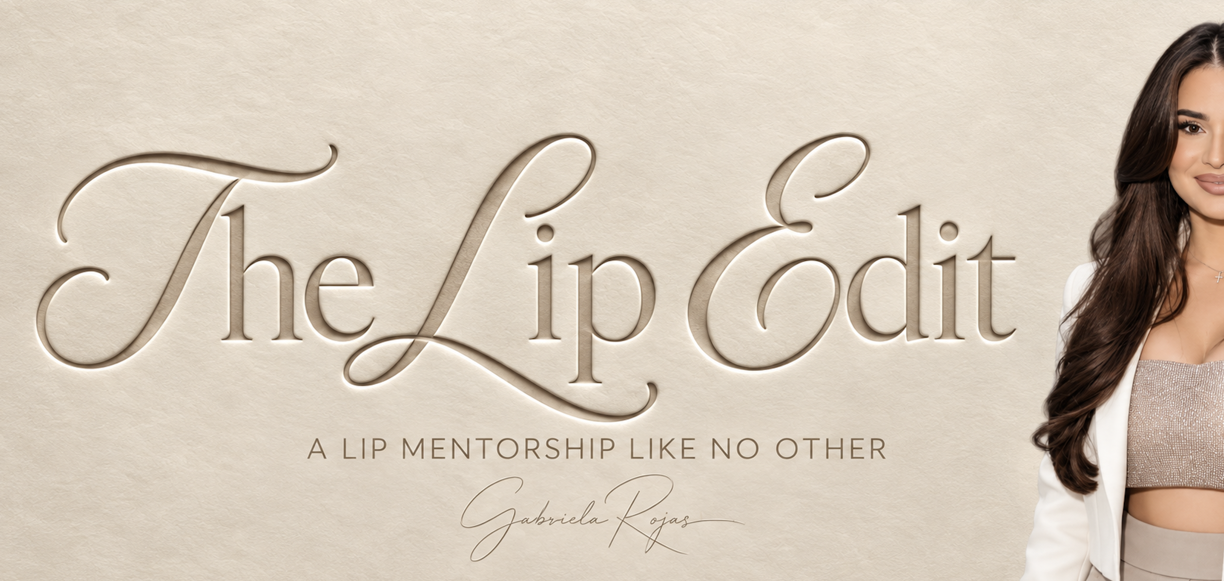 A promotional image for 'The Lip Co. It features elegant, cursive text and a woman with long, wavy brown hair wearing a beige dress with a matching blazer, smiling softly against a beige background.