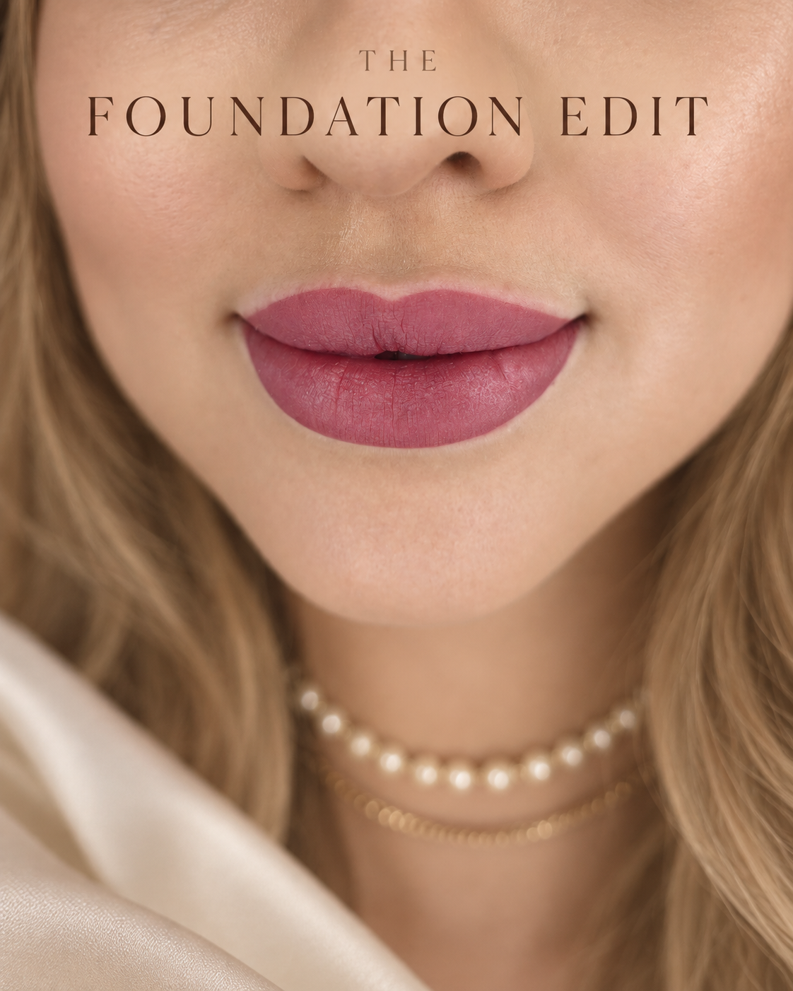 Close-up of a woman's face showing her lips with pink lipstick, pearl necklace, and part of her hair, with the words 'The Foundation Edit' over her nose.