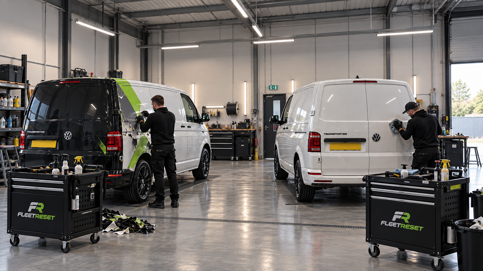 Two auto body specialists working on headlight customization on Volkswagen Transporter vans in a modern garage. One worker on a black van, another on a white van, with tools and cleaning supplies nearby.