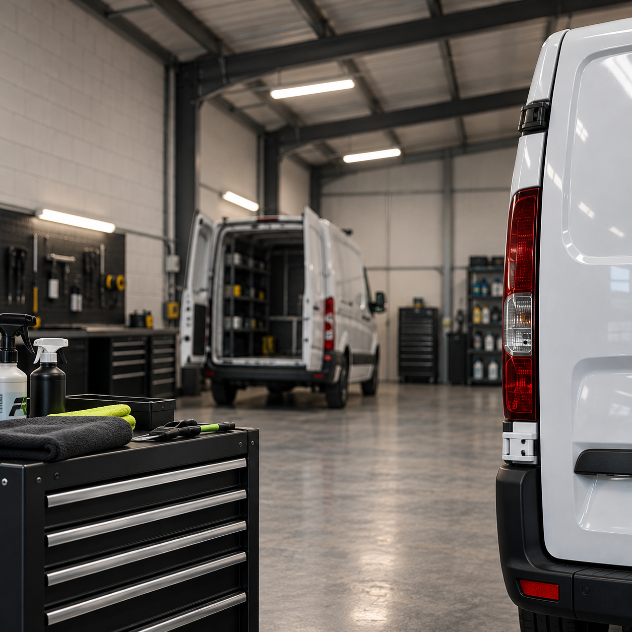 Interior of an automotive workshop with white vans, a tool cart, and equipment for vehicle maintenance.
