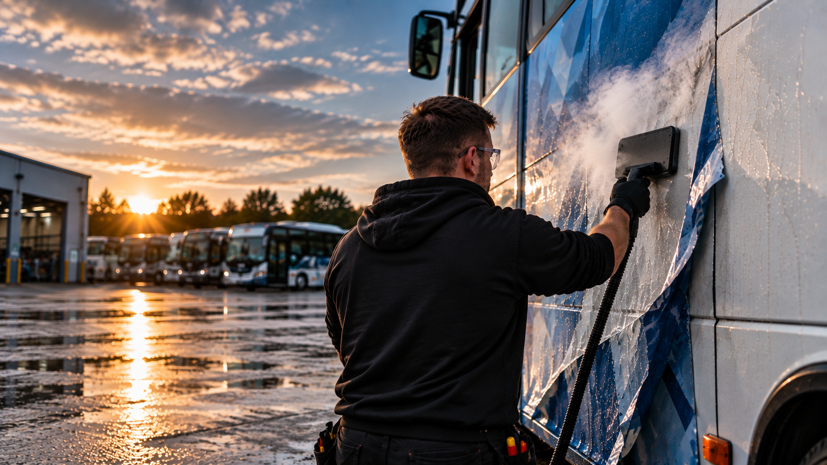 A worker cleaning the side of a bus during sunset at a bus depot, with multiple buses lined up in the background.