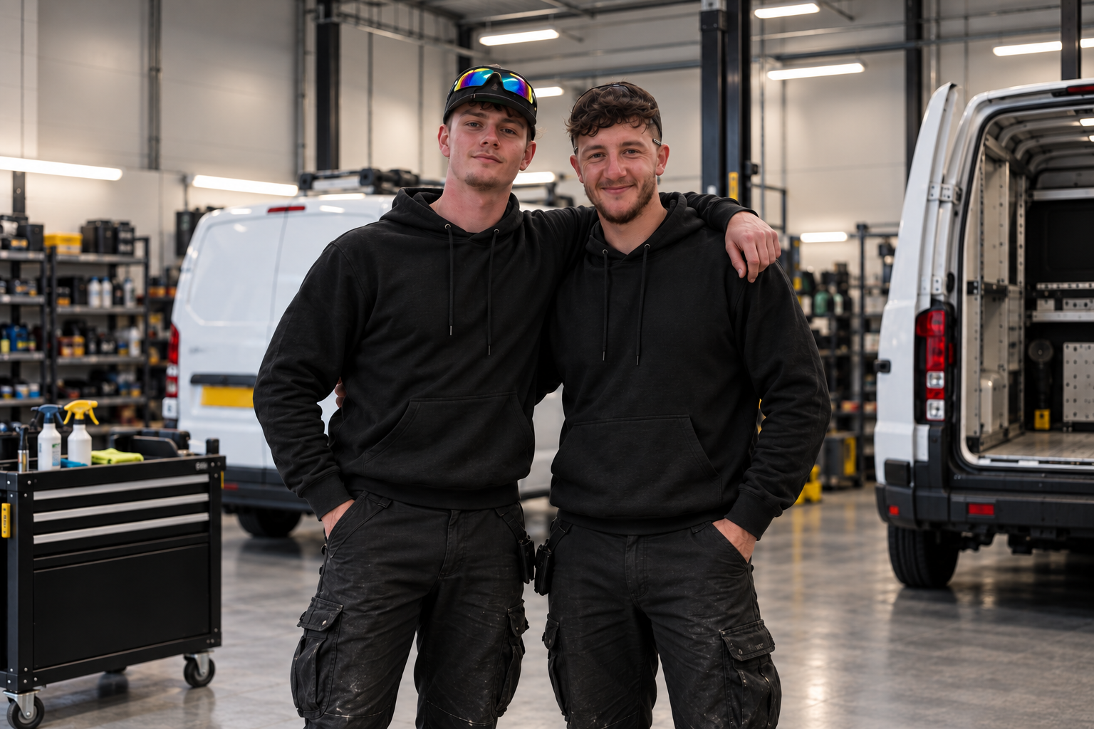 Two young men wearing black hoodies and work pants, standing inside a workshop or garage, with one man's arm around the other's shoulder, smiling at the camera.