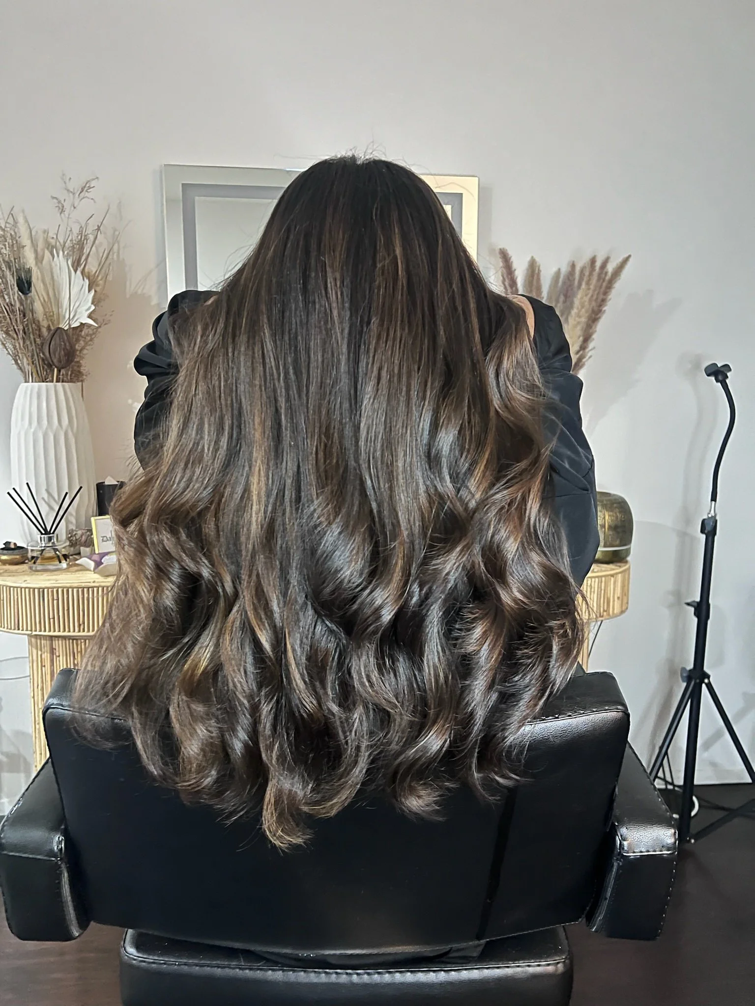 Completed hair transformation by Dalina Rivas featuring custom hair color, personalized haircut, and healthy hair treatment.