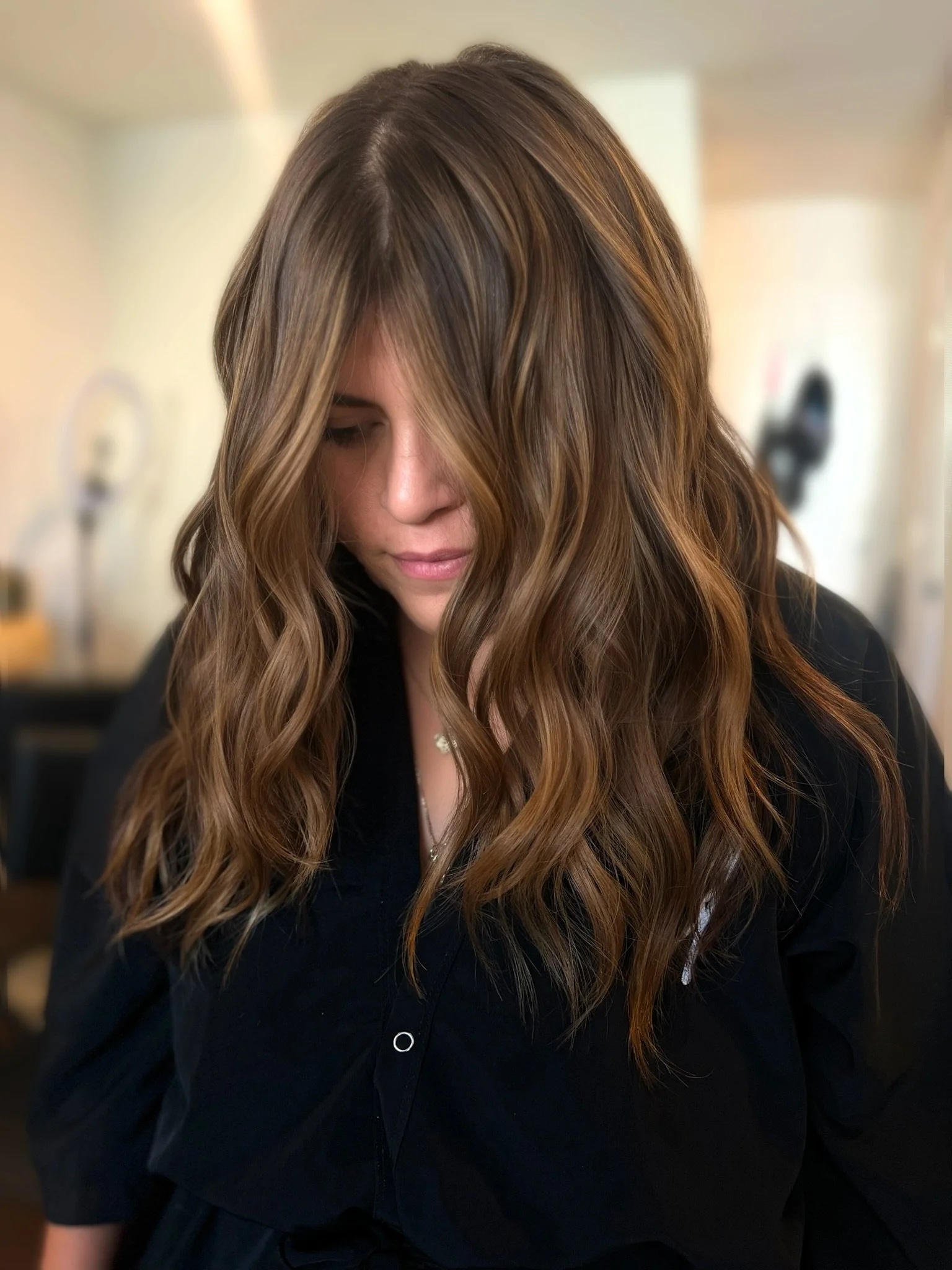 Completed hair transformation by Dalina Rivas featuring custom hair color, personalized haircut, and healthy hair treatment.