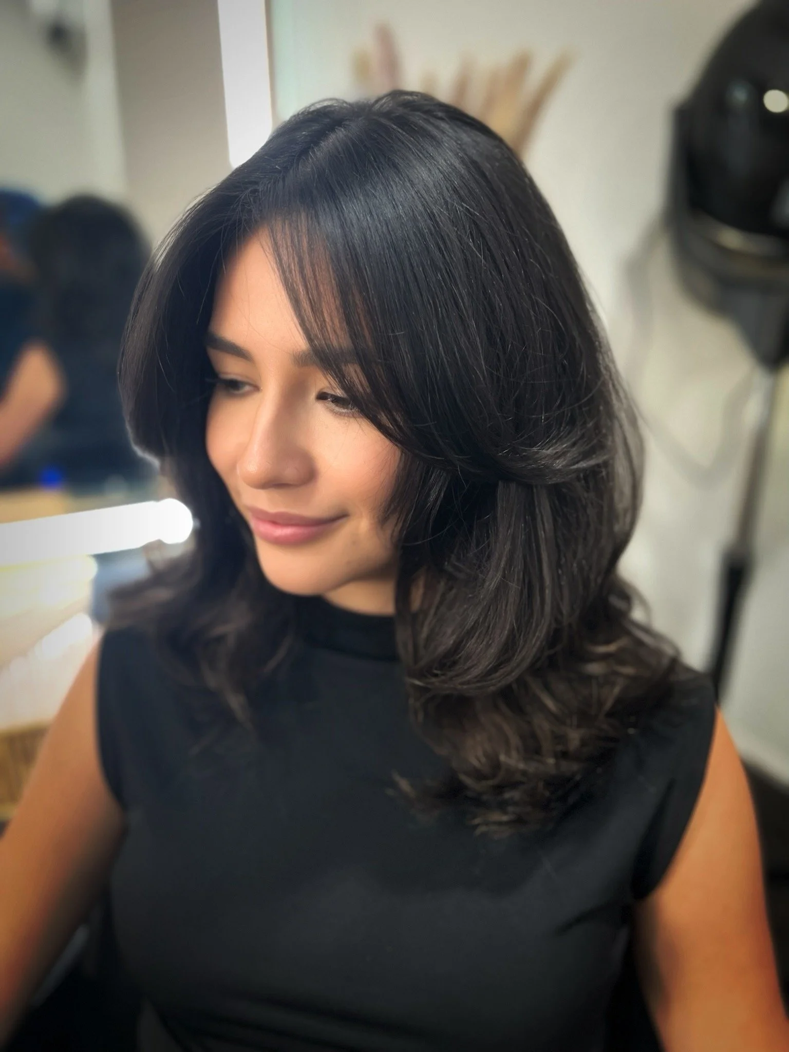 Completed hair transformation by Dalina Rivas featuring custom hair color, personalized haircut, and healthy hair treatment.