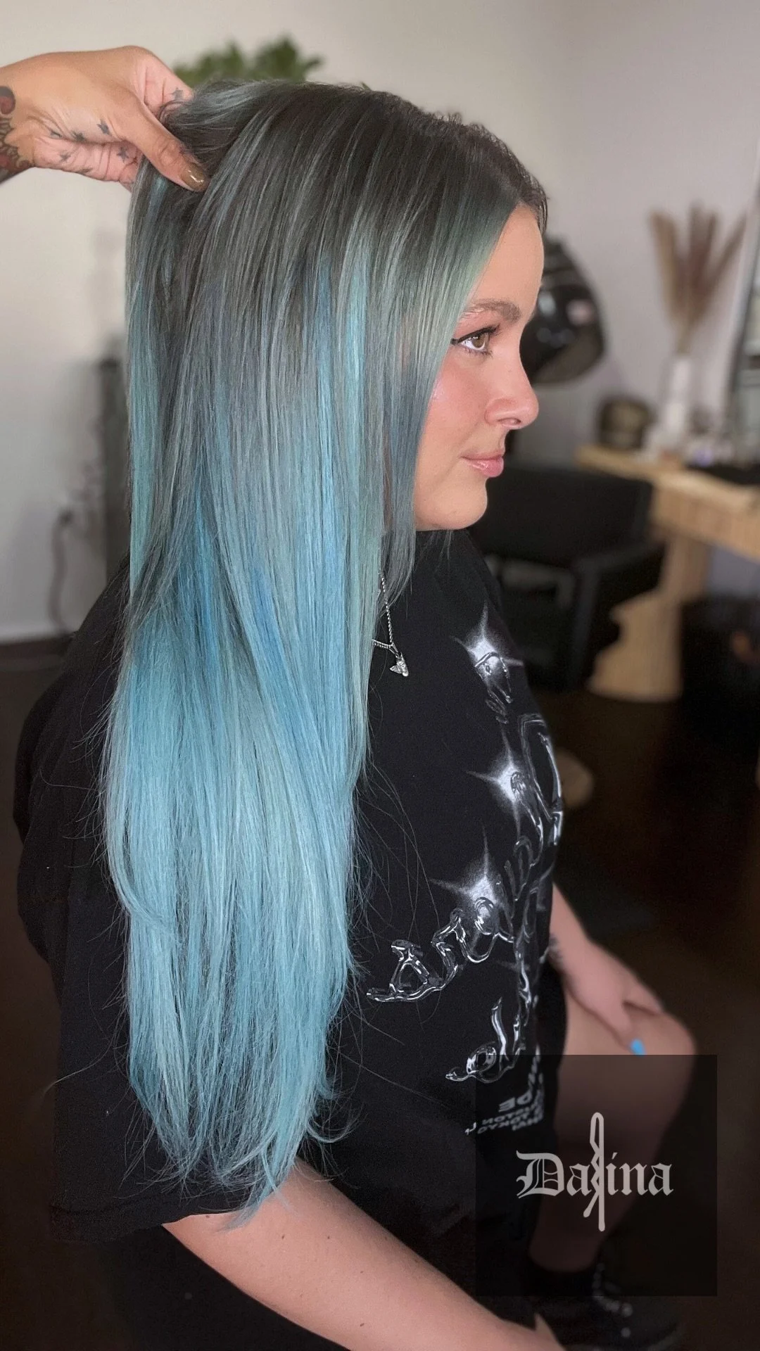 Completed hair transformation by Dalina Rivas featuring custom hair color, personalized haircut, and healthy hair treatment.
