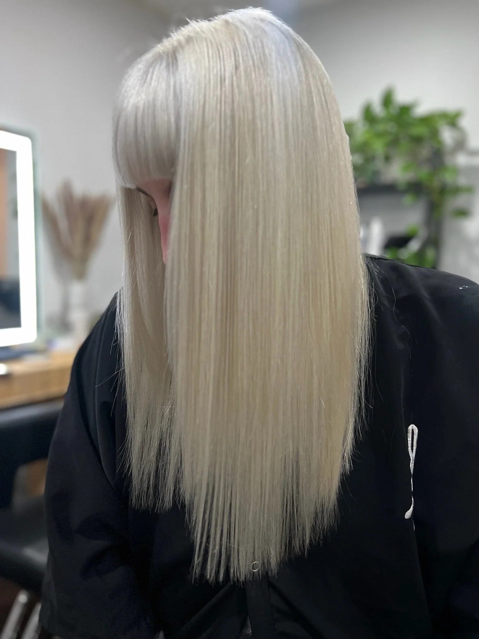 Completed hair transformation by Dalina Rivas featuring custom hair color, personalized haircut, and healthy hair treatment.