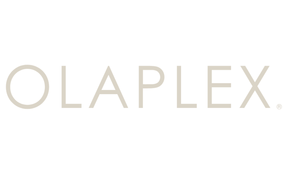 Olaplex logo in gray text on a black background.