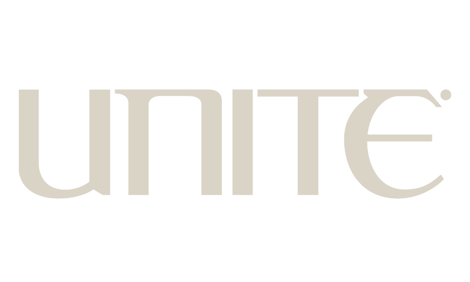 The word 'UNITE' written in large, stylized gray letters on a black background.