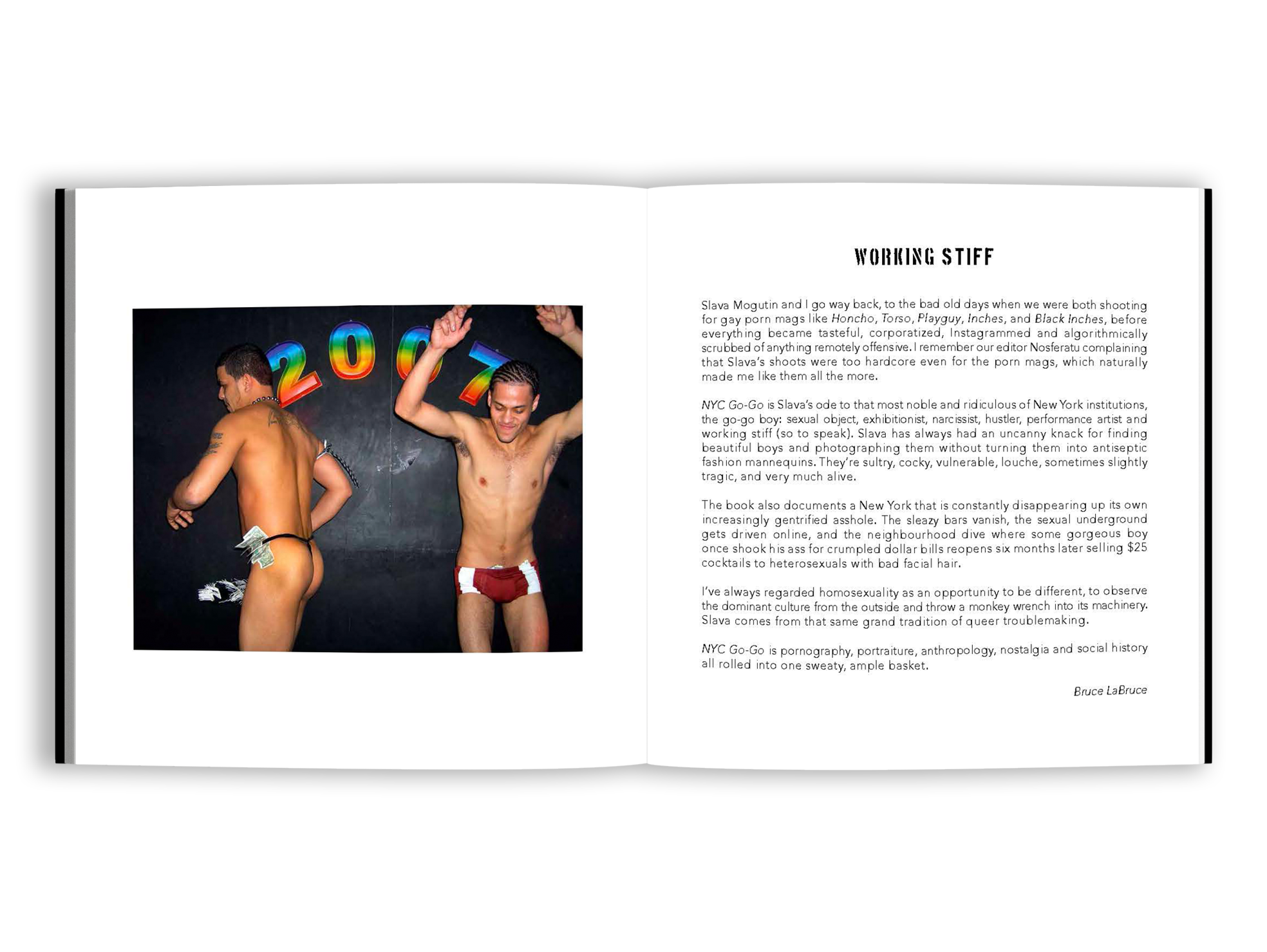 Open magazine spread with a photograph of two shirtless men at a party with rainbow '2007' decorations in the background, and a column of text titled 'Working Staff' on the right page.