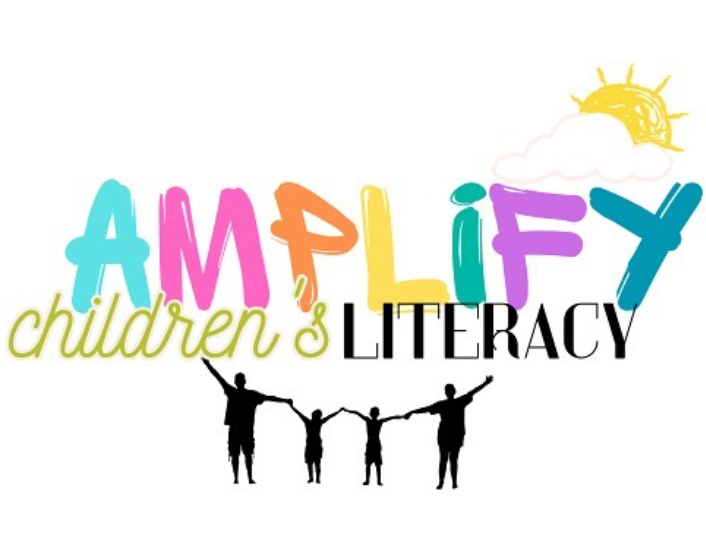 Colorful logo for 'Amplify Children's Literacy' with a sun, clouds, and silhouettes of four children holding hands.
