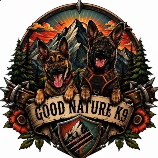 Illustration of two German Shepherd dogs with a mountain and sunset background, surrounded by pine trees and flowers, holding a banner that reads 'Good Nature K9', with a badge below featuring mountains and claw marks.