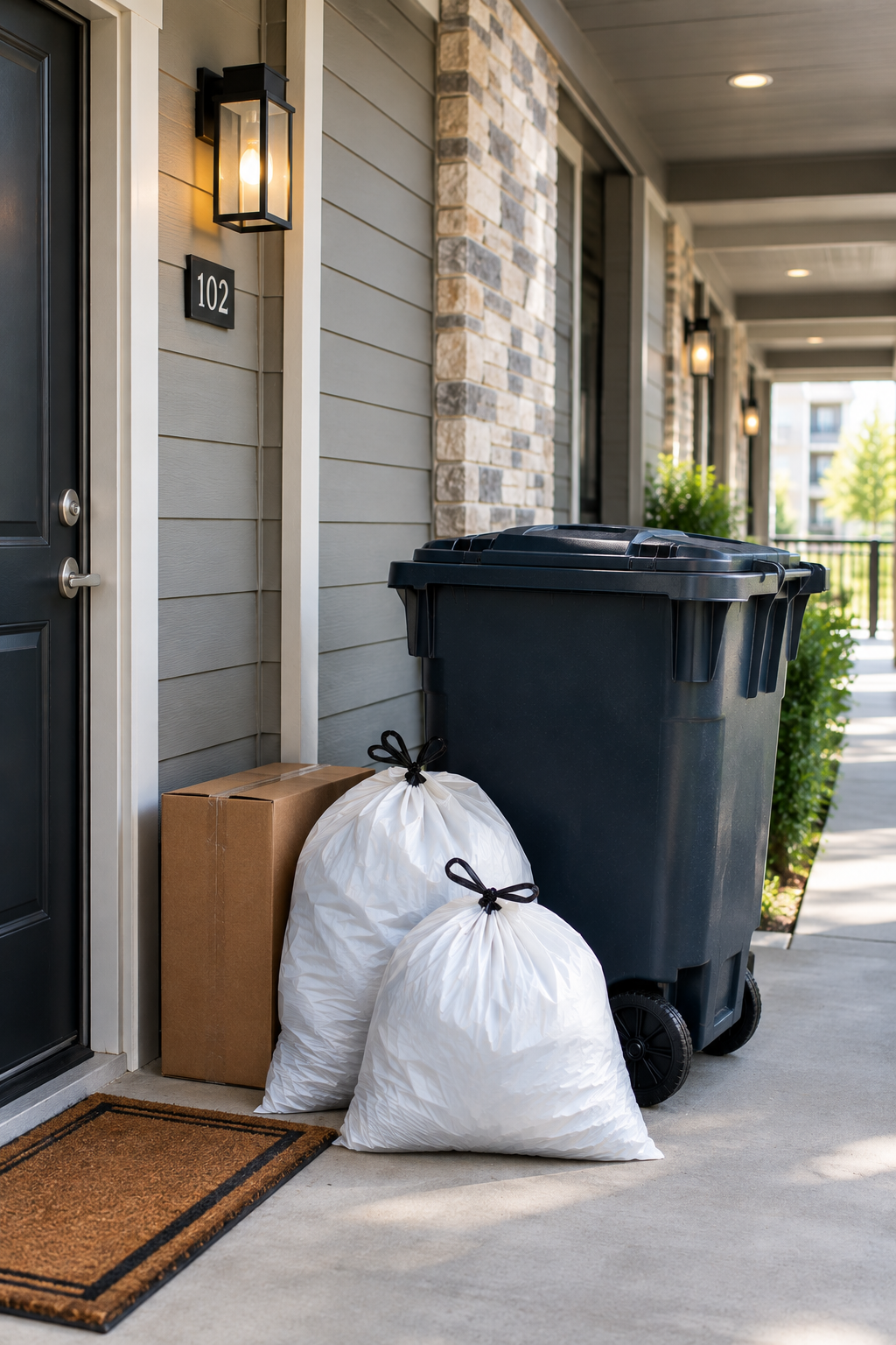 Garbage bin, cardboard box, and two white tied trash bags outside apartment number 102 on a covered porch.