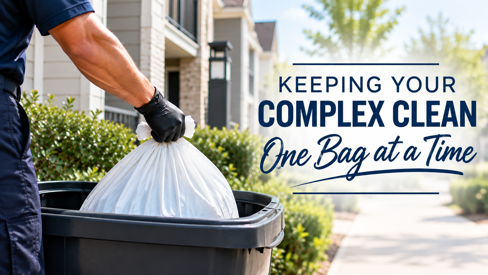 A person wearing gloves disposing of a trash bag into a black trash bin outdoors in front of a residential building with greenery, alongside text overlay reading 'Keeping Your Complex Clean, One Bag at a Time.'