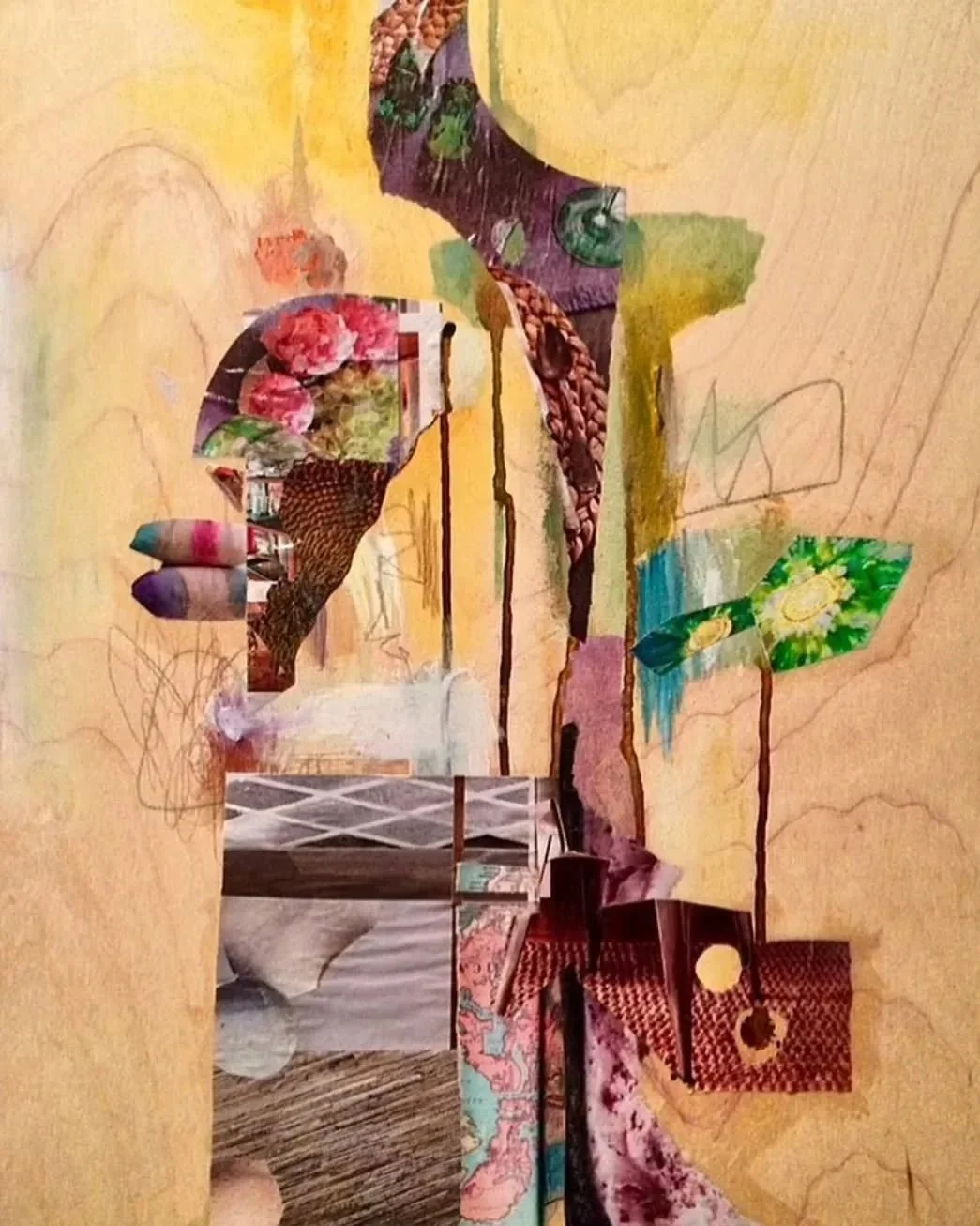Untitled Pastel, 2017, watercolor, acrylic, ink, gouche, colored pencil, collage on wood, 18" x 14" x 1.25" - Sold