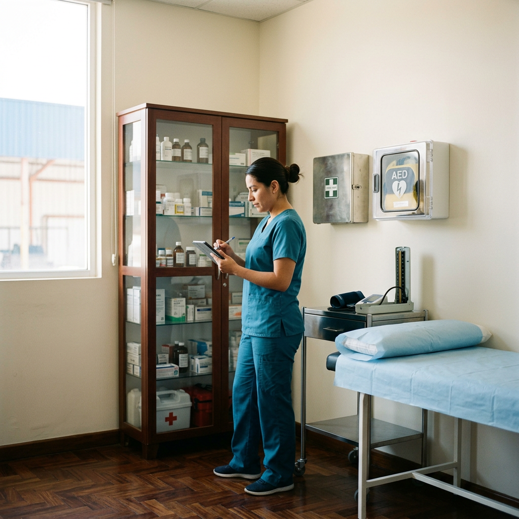 Enfermera revisa el inventario de medicamentos e insumos en el consultorio médico de una planta