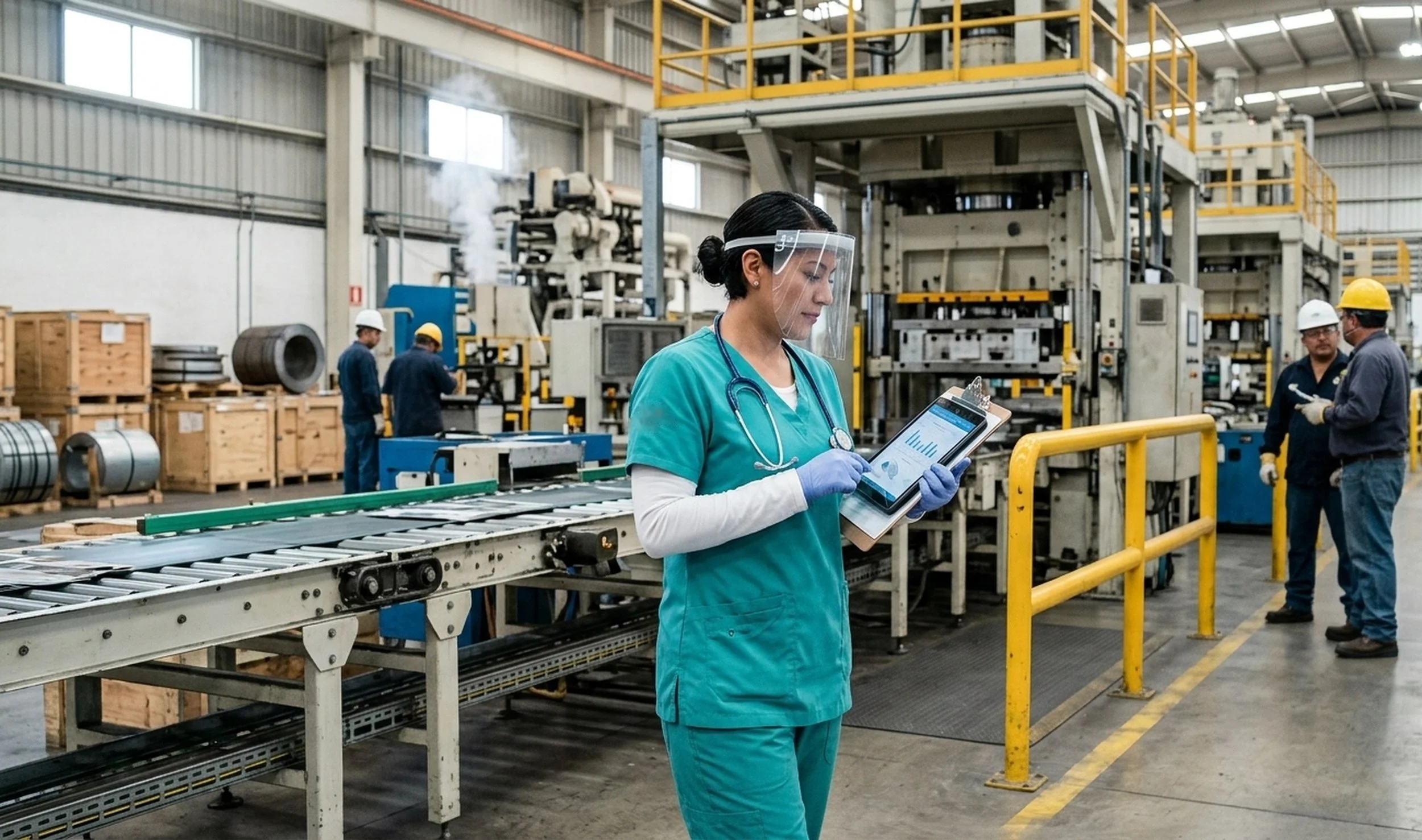 Enfermera de salud ocupacional de HYS Recursos revisando indicadores en una tablet dentro de una planta industrial