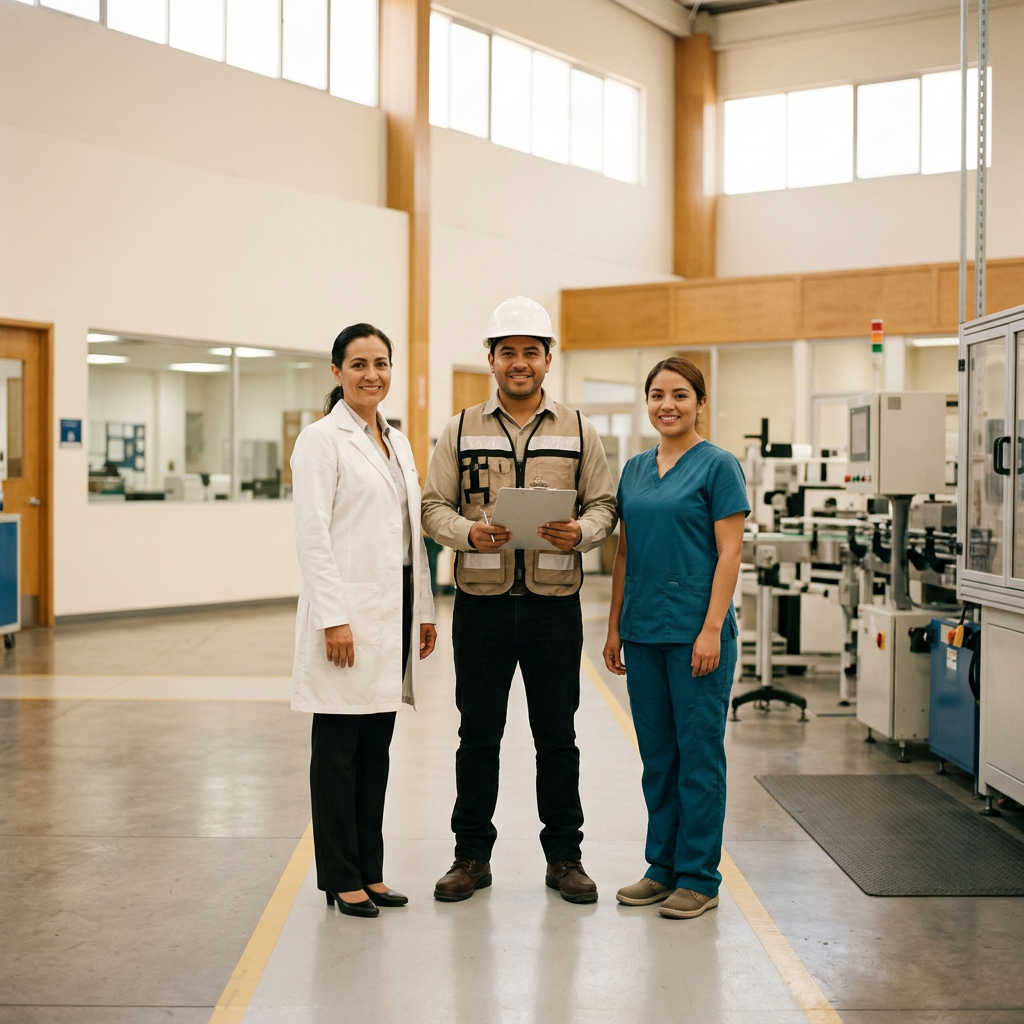 Equipo multidisciplinario de salud ocupacional de HYS Recursos: médica, ingeniero de seguridad y enfermera en una planta industrial