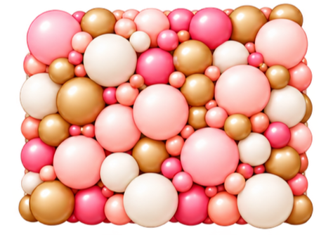 A cluster of pink, white, and gold balloons of various sizes.
