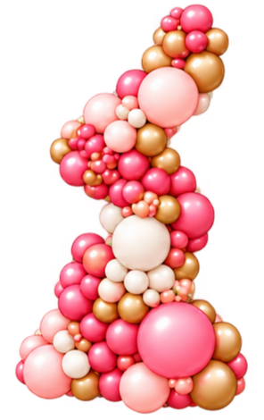 A large arrangement of pink, white, and gold balloons forming the shape of the letter 'K'.