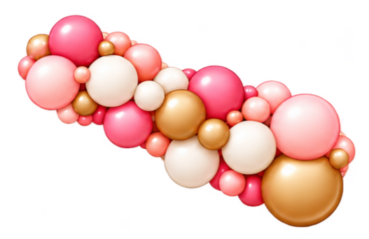 A cluster of various-sized pink, white, gold, and cream-colored balloons.