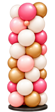 A tall column of multicolored balloons in shades of pink, white, and gold.